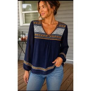 THML Embroidered Boho Top Medium Navy Peasant Blouse Sheer Sleeve Tunic